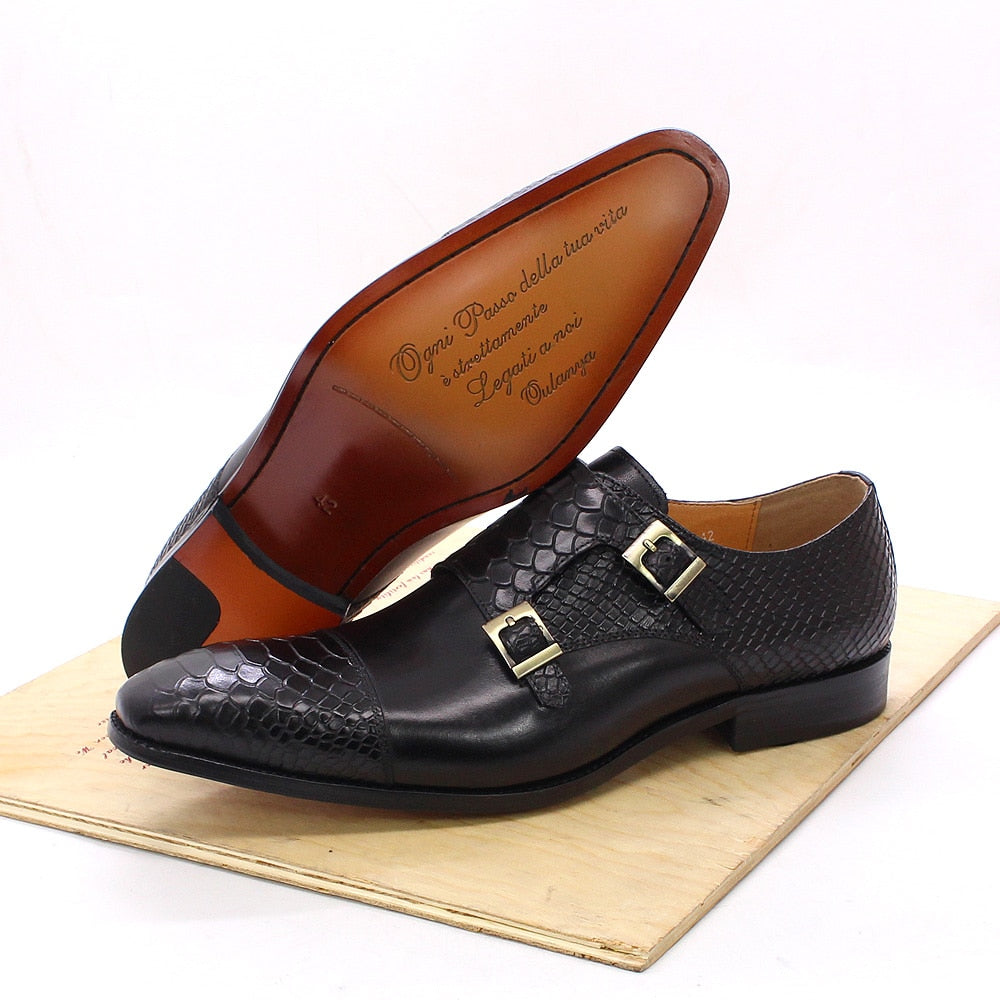 Size 47 Size 13 Mens Dress Shoes Genuine Leather Double Buckle Monk Strap Men Shoes Snake Print Cap Toe Classic Italian Shoes