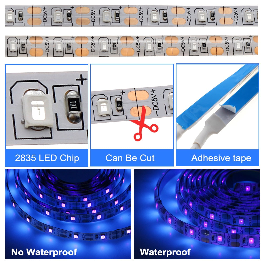 UV LED Strip Light 5V DC 2835 0.5M 1M 2M Waterproof Purple Ribbon Ultraviolet USB Rope Tape for DJ Fluorescence