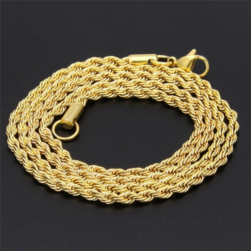 UWIN Men Women Hip Hop Rapper's Chain 3mm 18'' 20" 24" 30" Stainless steel Gold Color Rope Link Necklace Fashion Hip hop Jewelry