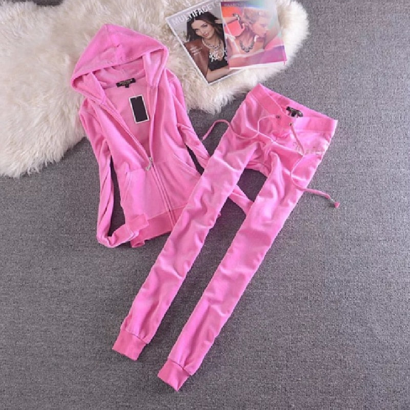 2022 Women's Elegant Velvet Tracksuit Two Piece Set Women Sexy Hooded Long Sleeve Top And Pants Bodysuit Suit