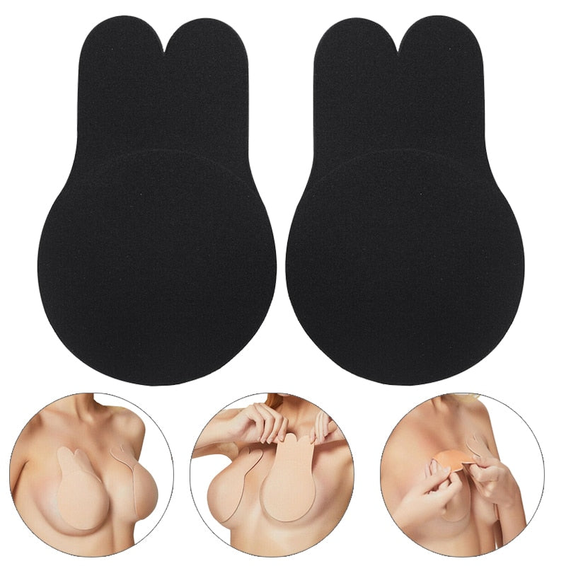 2Pcs Women Invisible Push Up Breast Rabbit Ear Reusable Silicone Bust Nipple Cover Pasties Stickers Adhesive Bra Lift Tape