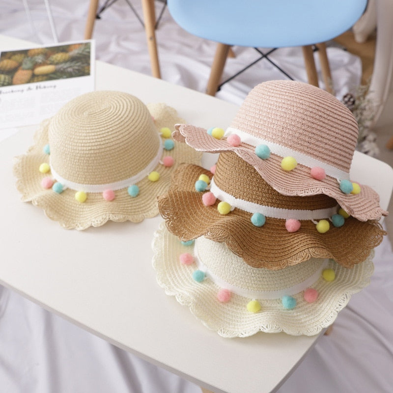Bear Learder Girl Hat 2022 Summer Cap Breathable Straw Hats Colorful Ball Sweet Princess Hat Seaside With Bag Kids Hats 2-6Y