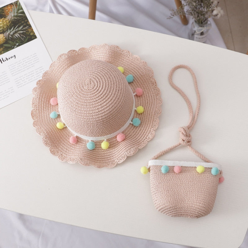 Bear Learder Girl Hat 2022 Summer Cap Breathable Straw Hats Colorful Ball Sweet Princess Hat Seaside With Bag Kids Hats 2-6Y
