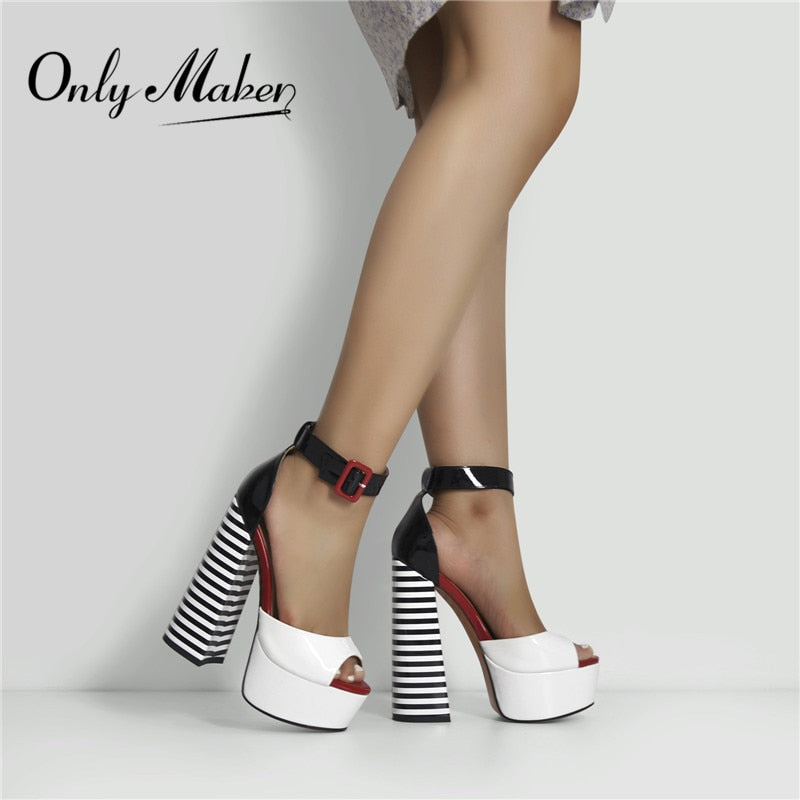 Onlymaker Women's Sandals Platform Peep Toe Chunky Square Heels Ankle Strap Sandals Black And White Stripes Party Fashion Shoes