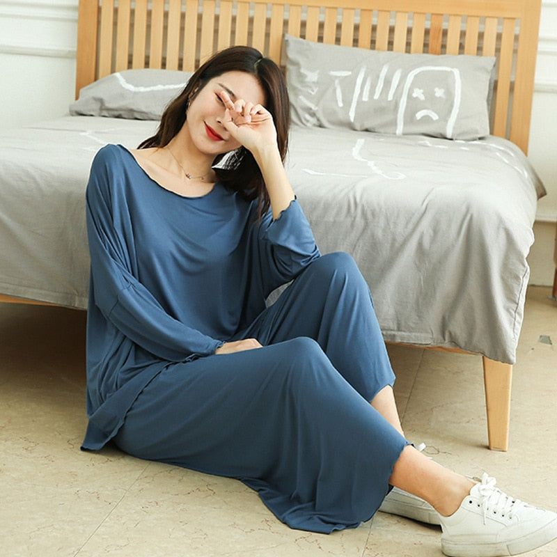 PLUS size home suits women autumn new loose long-sleeved pajamas two-piece set nine-point wide leg pants pijama sleepwear femme