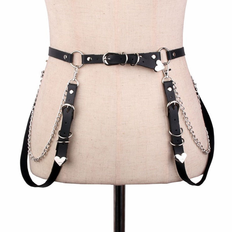 Woman Punk Hiphop Heart Belt Chain Leather Harness Leg Belt Gothic Adjustable Body Waist Strap Girl Dress Jeans Skirt Waistband