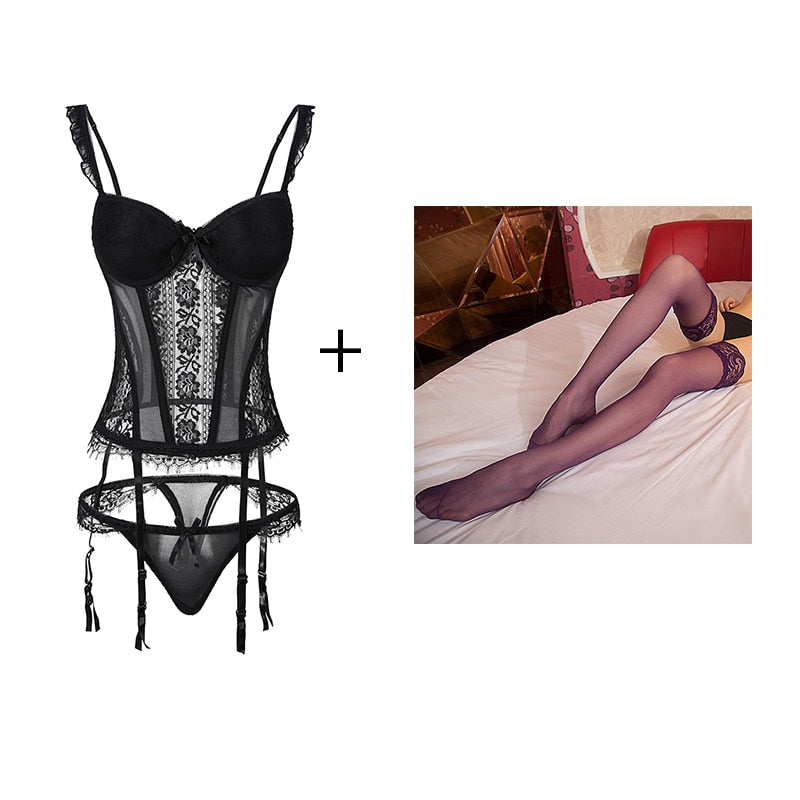 CINOON New Elasticity Corset Sexy underwear Lace up Body Bustier Overbust With Straps Belt Black Breathable Lingerie