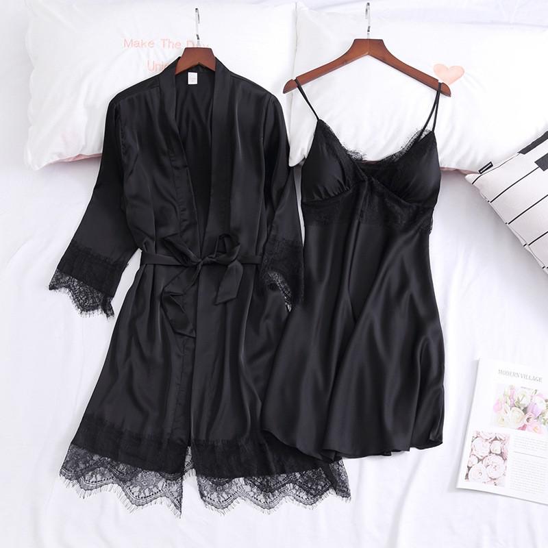 Lace Sexy Kimono Bathrobe Gown Satin Women Pink Sleepwear Casual Spring Summer New Nightwear Intimate Lingerie Homewear