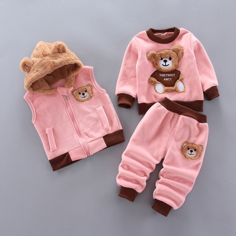Winter Baby Girls Hooded Clothes Children Halloween Sets Vest+Coat+Pant 3 Pieces Boy Suits Cartoon Bear Garment For Kids 1-4 Age