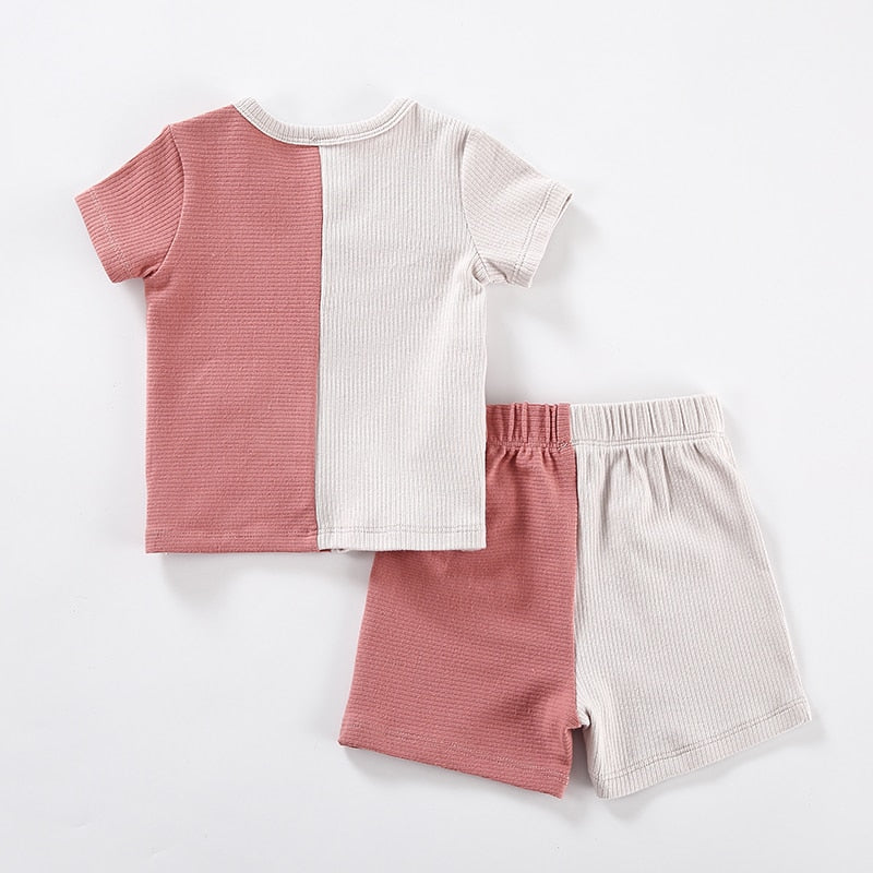Bay clothes 2pcs set ribbed kids clothes baby boy clothes girls clothes round neck shorts two colors patches with pocket t shirt