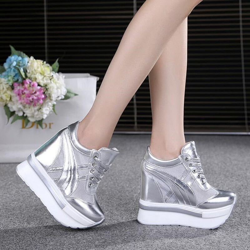 NEW Classic Women Mesh Platform Sneakers Trainers White Shoes 10CM High Heels Wedges Outdoor Shoes Breathable Casual Shoes Woman