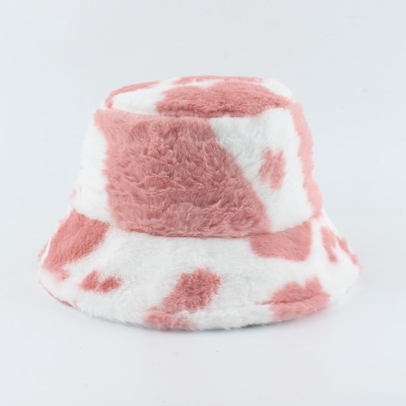 Faux Fur Winter Hats For Women Black White Cow Print Bucket Hat Men Panama Fisherman Caps Gorras