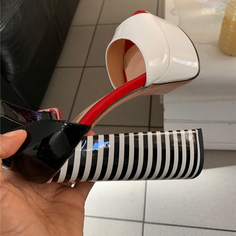 Onlymaker Women's Sandals Platform Peep Toe Chunky Square Heels Ankle Strap Sandals Black And White Stripes Party Fashion Shoes