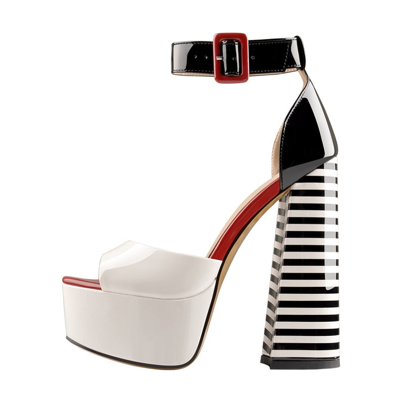 Onlymaker Women's Sandals Platform Peep Toe Chunky Square Heels Ankle Strap Sandals Black And White Stripes Party Fashion Shoes
