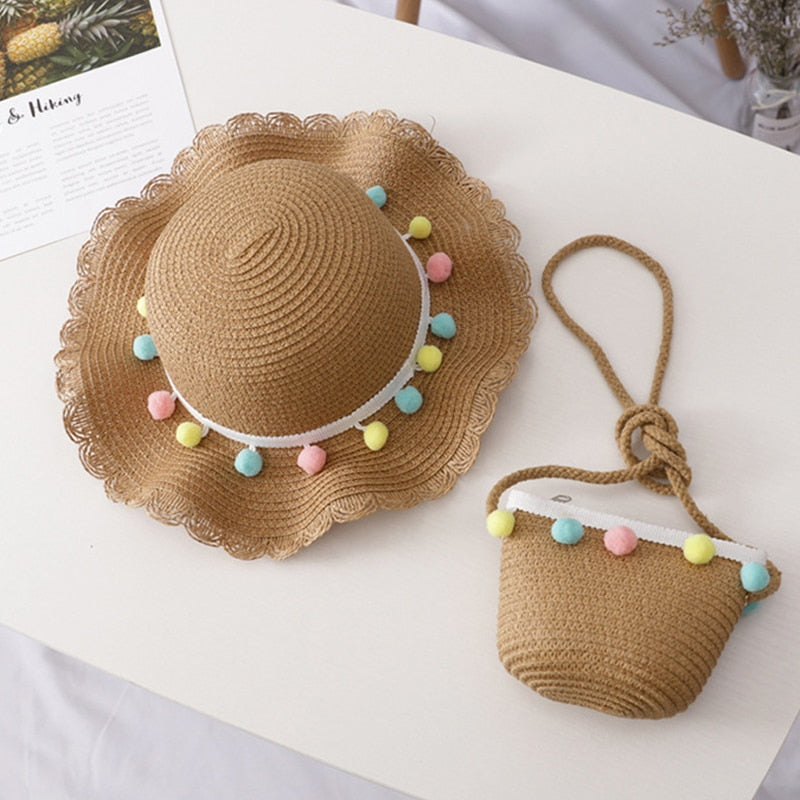 Bear Learder Girl Hat 2022 Summer Cap Breathable Straw Hats Colorful Ball Sweet Princess Hat Seaside With Bag Kids Hats 2-6Y