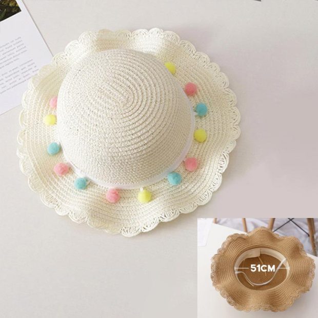 Bear Learder Girl Hat 2022 Summer Cap Breathable Straw Hats Colorful Ball Sweet Princess Hat Seaside With Bag Kids Hats 2-6Y