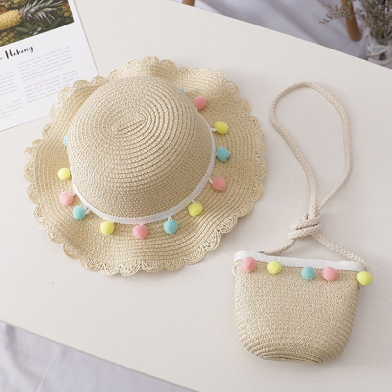 Bear Learder Girl Hat 2022 Summer Cap Breathable Straw Hats Colorful Ball Sweet Princess Hat Seaside With Bag Kids Hats 2-6Y