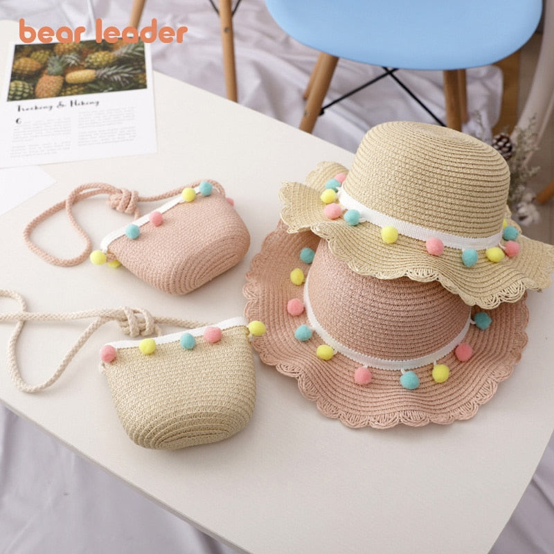 Bear Learder Girl Hat 2022 Summer Cap Breathable Straw Hats Colorful Ball Sweet Princess Hat Seaside With Bag Kids Hats 2-6Y
