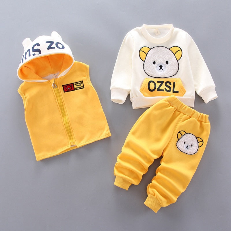 Winter Baby Girls Hooded Clothes Children Halloween Sets Vest+Coat+Pant 3 Pieces Boy Suits Cartoon Bear Garment For Kids 1-4 Age
