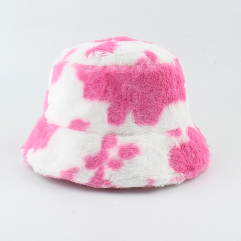 Faux Fur Winter Hats For Women Black White Cow Print Bucket Hat Men Panama Fisherman Caps Gorras