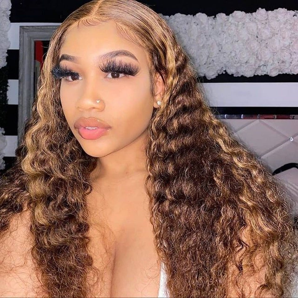 Blonde Highlight Curly Human Hair Wigs Water Wave Lace Front Wig For Women Short Bob Wig Deep Wave Frontal Wig Natural Hair 100%