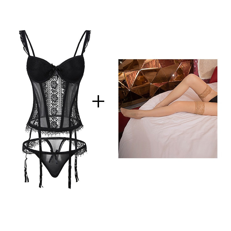 CINOON New Elasticity Corset Sexy underwear Lace up Body Bustier Overbust With Straps Belt Black Breathable Lingerie
