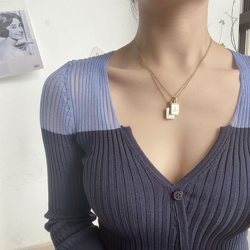 2021 Trend 18K Golden Chain Necklaces Male Square Natural Shell Initial Letters Pendant Stainless Steel Jewelry for Women Gifts