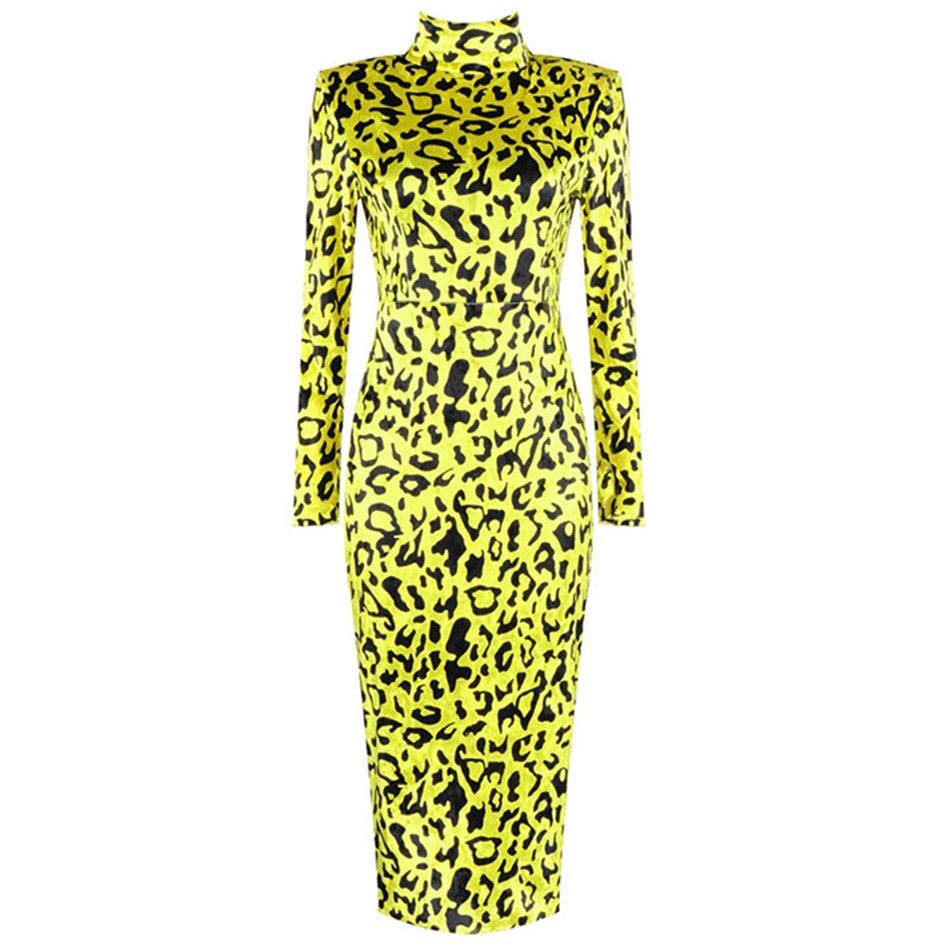 2021 Winter New Fashion Leopard Print Long Dress Elegant Women Long Sleeve Bodycon Dress Celebrity Evening Party Runway Vestidos