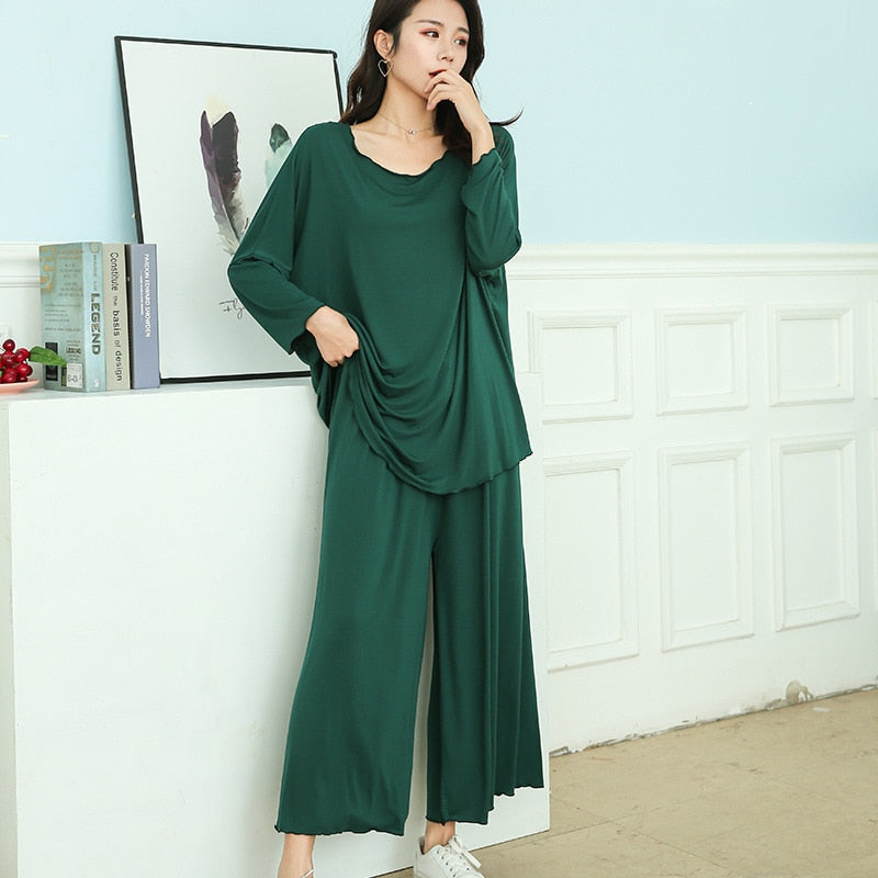PLUS size home suits women autumn new loose long-sleeved pajamas two-piece set nine-point wide leg pants pijama sleepwear femme