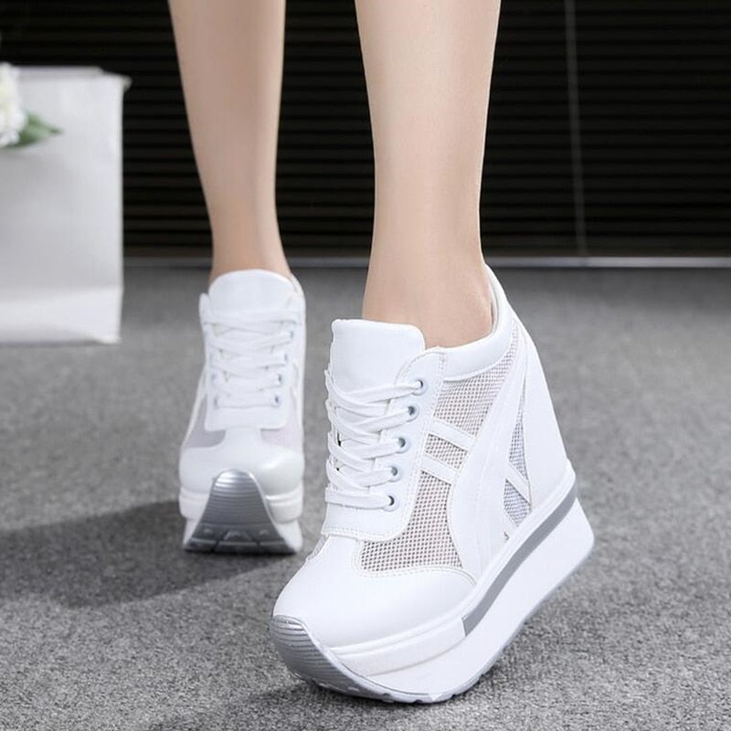 NEW Classic Women Mesh Platform Sneakers Trainers White Shoes 10CM High Heels Wedges Outdoor Shoes Breathable Casual Shoes Woman