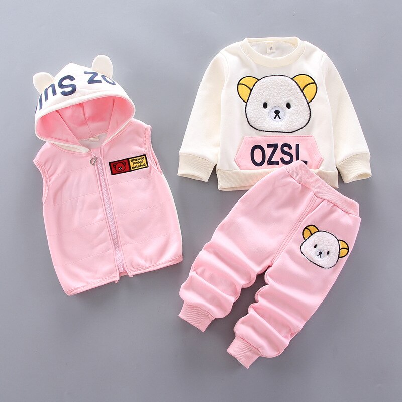 Winter Baby Girls Hooded Clothes Children Halloween Sets Vest+Coat+Pant 3 Pieces Boy Suits Cartoon Bear Garment For Kids 1-4 Age