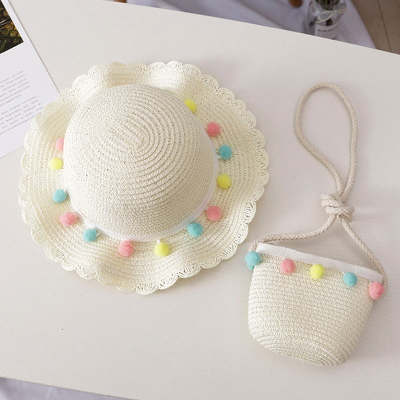 Bear Learder Girl Hat 2022 Summer Cap Breathable Straw Hats Colorful Ball Sweet Princess Hat Seaside With Bag Kids Hats 2-6Y