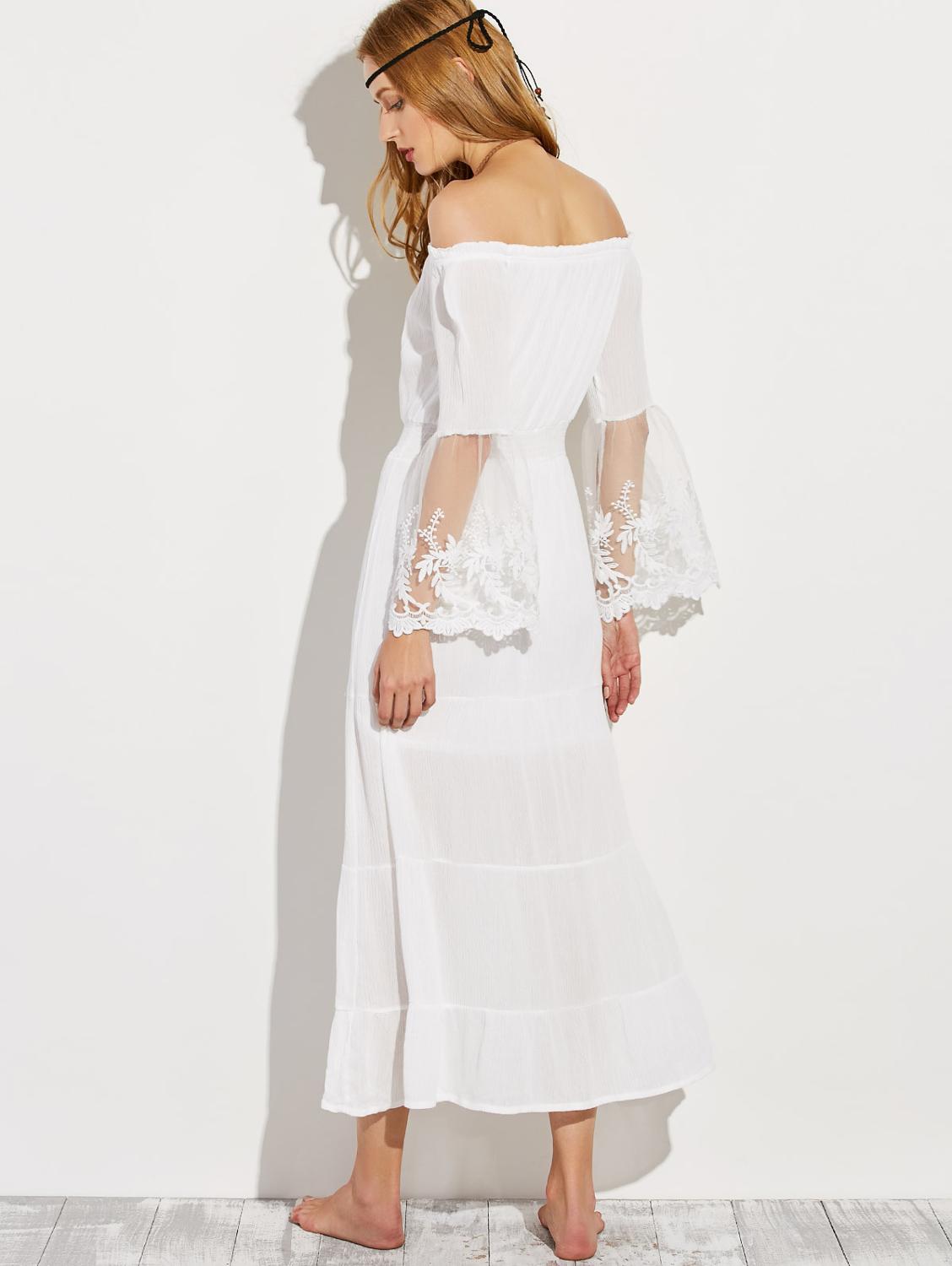 TEELYNN long boho dress white sexy off the shoulder beach sundress Flare long sleeve splice lace women dresses summer vestidos