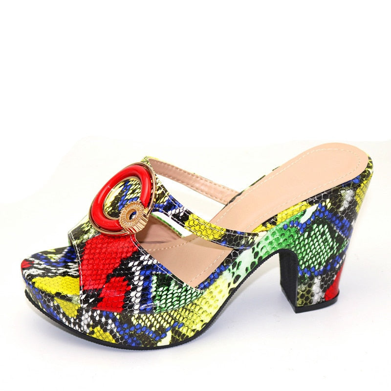 New Arrrival Italian Design Women Shoes Snake Pattern Multicolor with Rhinestone Summer Shoes Big Size Ladies Shoes High Heels