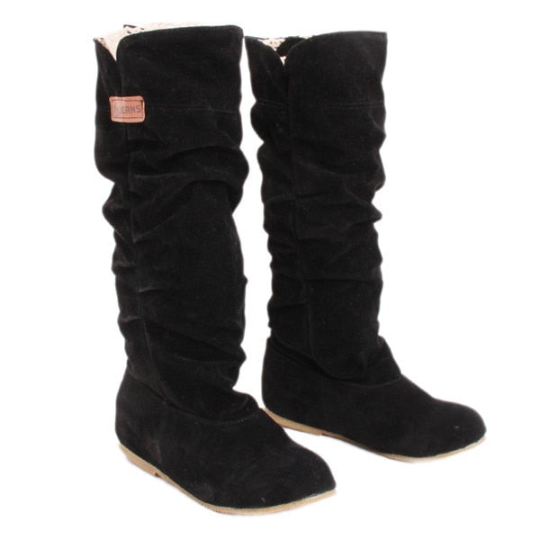 Winter Women Boots Female Round Toe Long Riding Motorcycle Boots Shoes Stylish Flat Flock Shoes Winter Snow Boots Shoes