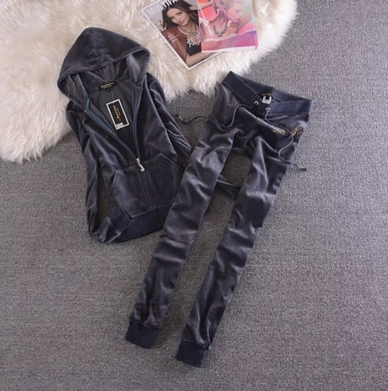 2022 Women's Elegant Velvet Tracksuit Two Piece Set Women Sexy Hooded Long Sleeve Top And Pants Bodysuit Suit