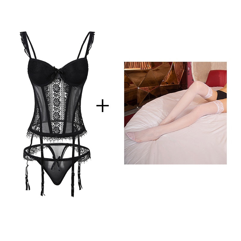 CINOON New Elasticity Corset Sexy underwear Lace up Body Bustier Overbust With Straps Belt Black Breathable Lingerie