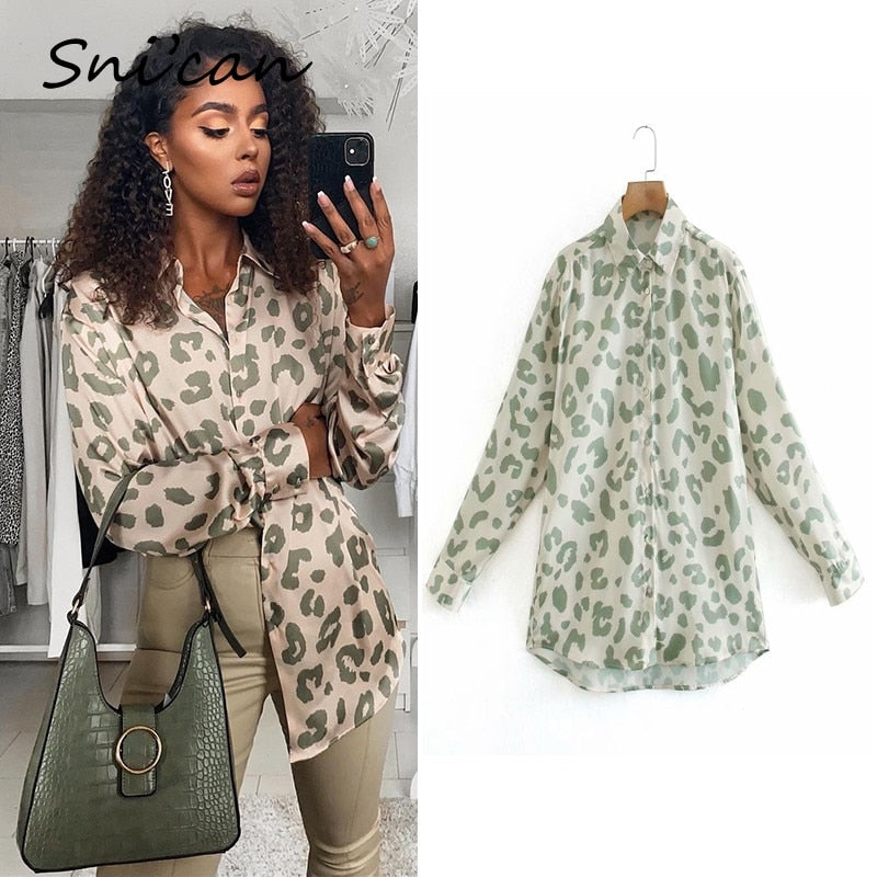 Snican Leopard Print Blouse Women Spring Long Sleeve Turn Down Collar Office Ladies Satin Shirts Blusas De Mujer Chemise Za 2021