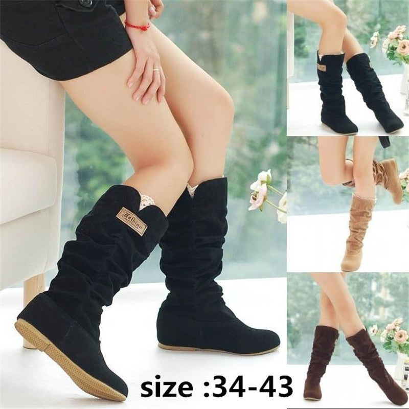 Winter Women Boots Female Round Toe Long Riding Motorcycle Boots Shoes Stylish Flat Flock Shoes Winter Snow Boots Shoes