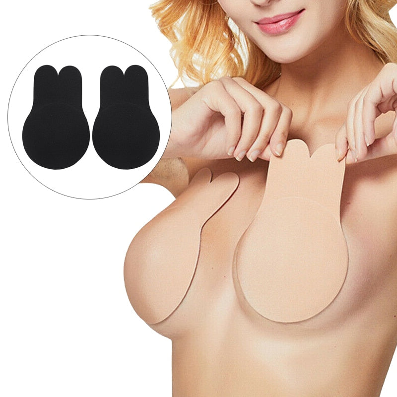 2Pcs Women Invisible Push Up Breast Rabbit Ear Reusable Silicone Bust Nipple Cover Pasties Stickers Adhesive Bra Lift Tape