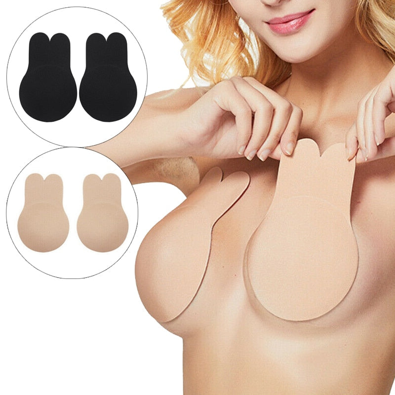 2Pcs Women Invisible Push Up Breast Rabbit Ear Reusable Silicone Bust Nipple Cover Pasties Stickers Adhesive Bra Lift Tape