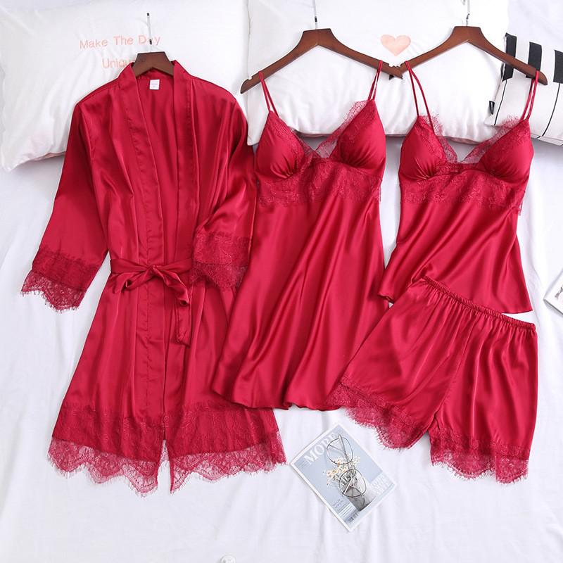 Lace Sexy Kimono Bathrobe Gown Satin Women Pink Sleepwear Casual Spring Summer New Nightwear Intimate Lingerie Homewear