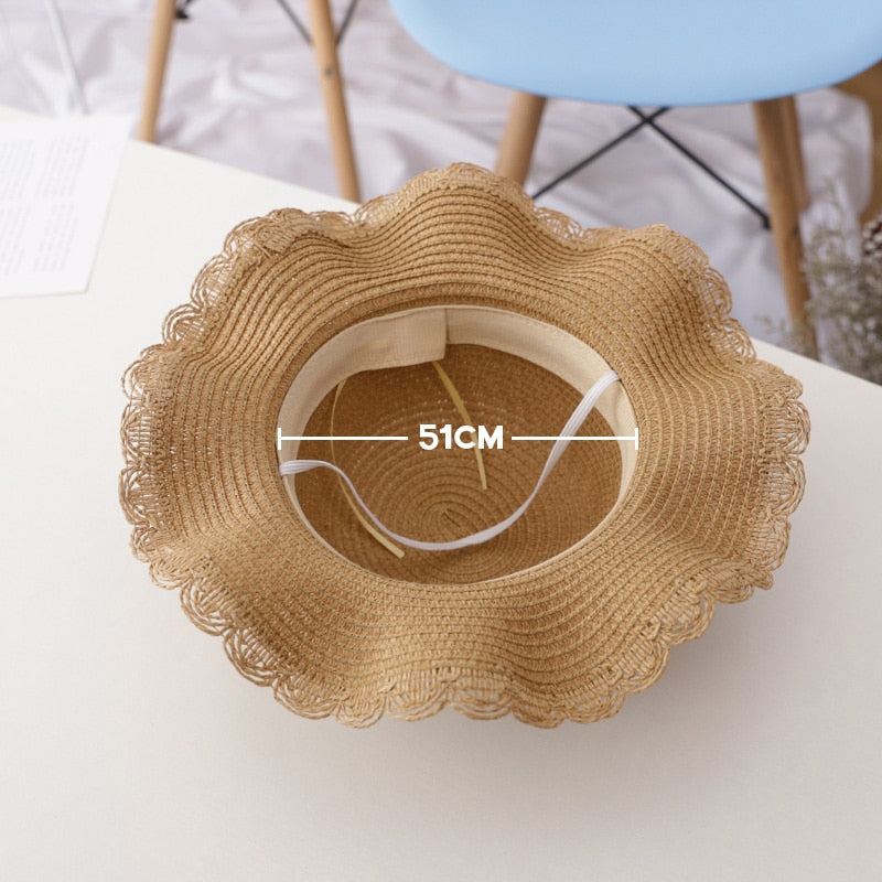 Bear Learder Girl Hat 2022 Summer Cap Breathable Straw Hats Colorful Ball Sweet Princess Hat Seaside With Bag Kids Hats 2-6Y