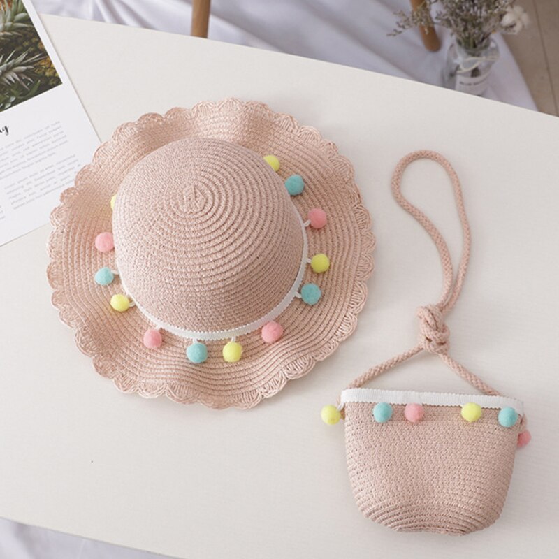 Bear Learder Girl Hat 2022 Summer Cap Breathable Straw Hats Colorful Ball Sweet Princess Hat Seaside With Bag Kids Hats 2-6Y