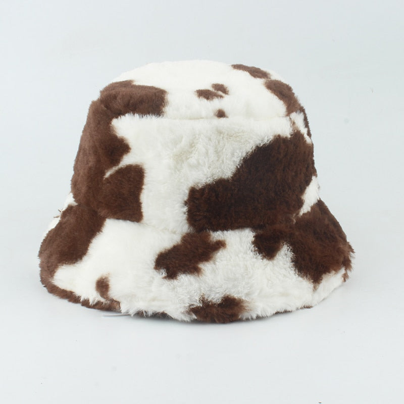 Faux Fur Winter Hats For Women Black White Cow Print Bucket Hat Men Panama Fisherman Caps Gorras
