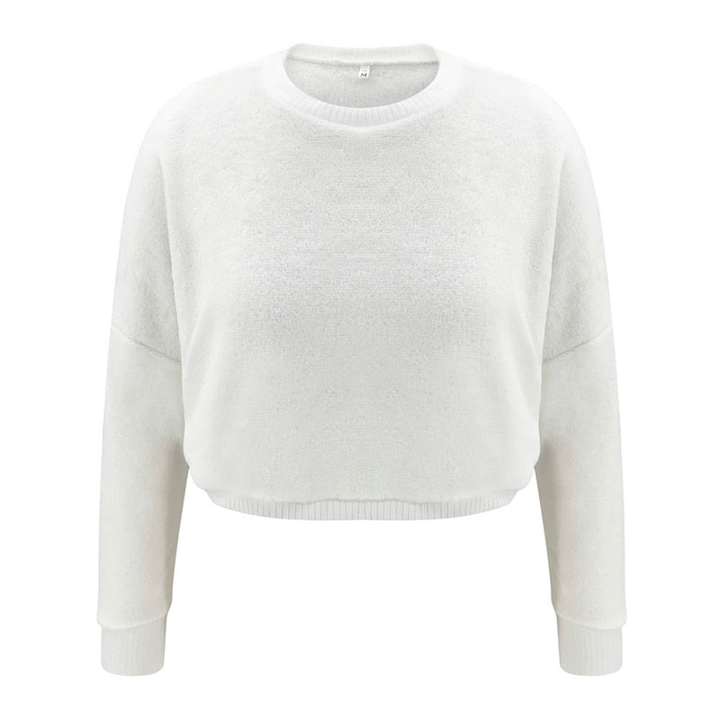 Women Soft Fluffy 2 Piece Set O Neck Long Sleeve Crop Bouse Top High Waist Skinny Shorts Pant Casual Matching Outfits Lady Suits