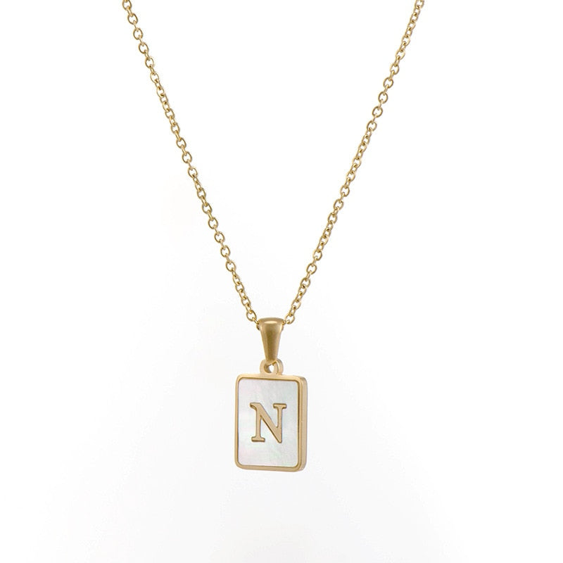 2021 Trend 18K Golden Chain Necklaces Male Square Natural Shell Initial Letters Pendant Stainless Steel Jewelry for Women Gifts