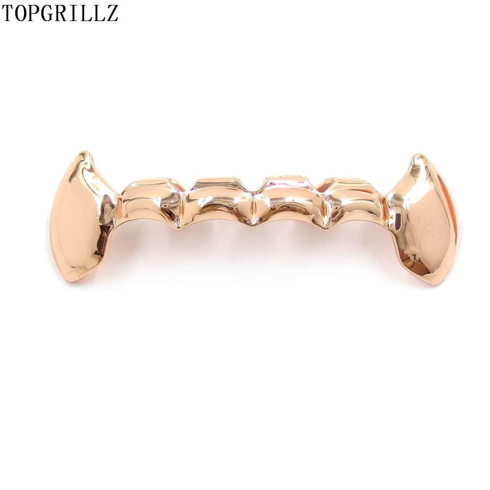 TOPGRILLZ Fang Grillz Set Gold Color Plated Half Teeth Dracula Vampire Fangs Slim Grills Gold Top & Bottom Grillz Teeth Set