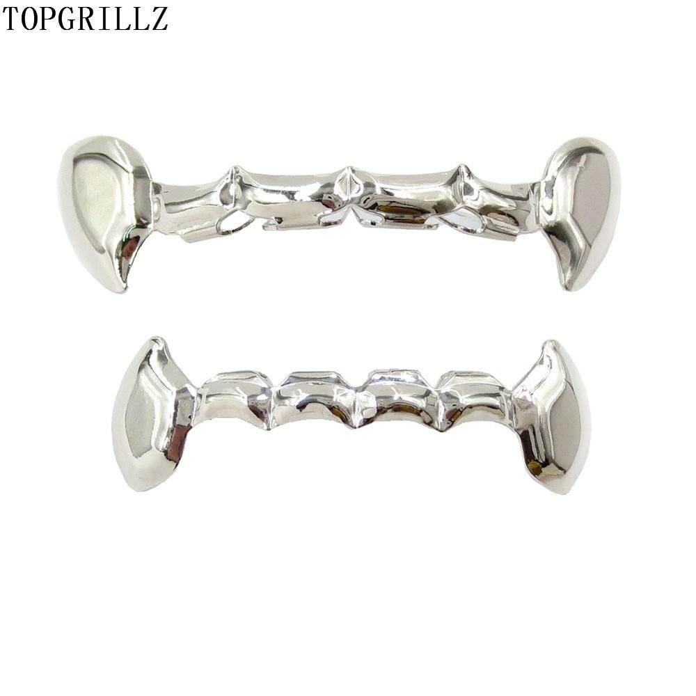 TOPGRILLZ Fang Grillz Set Gold Color Plated Half Teeth Dracula Vampire Fangs Slim Grills Gold Top & Bottom Grillz Teeth Set