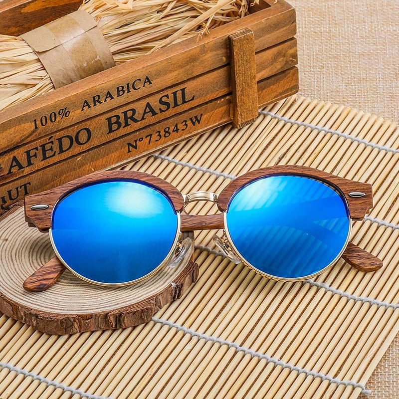 Retro Round Wood Sunglasses for Men Women Brand Design Polarized UV400 Semi-Rimless Womens Sun glasses